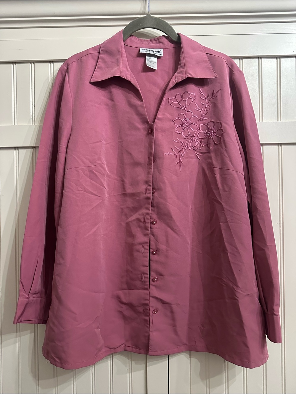 Anthony Richards Rose Pink Button-Front Shirt with Floral Embroidery Size 14